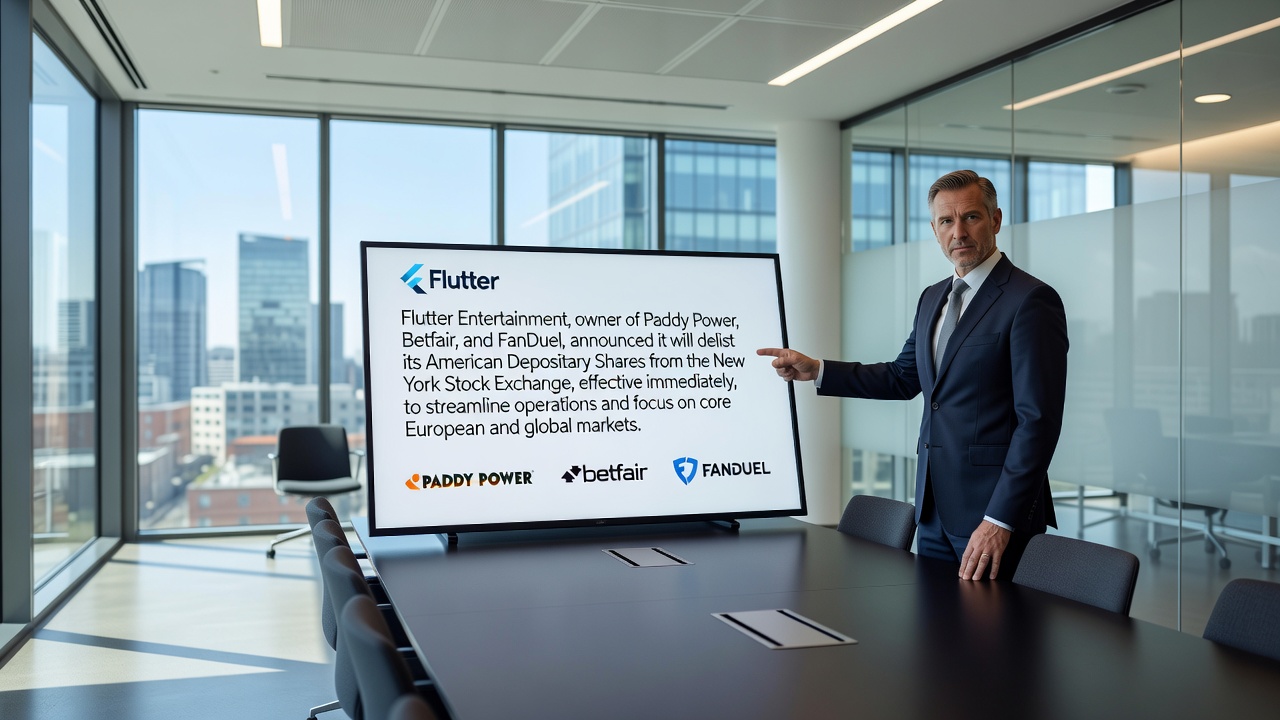 Stock market charts and exchange building imagery related to Flutter's listing changes