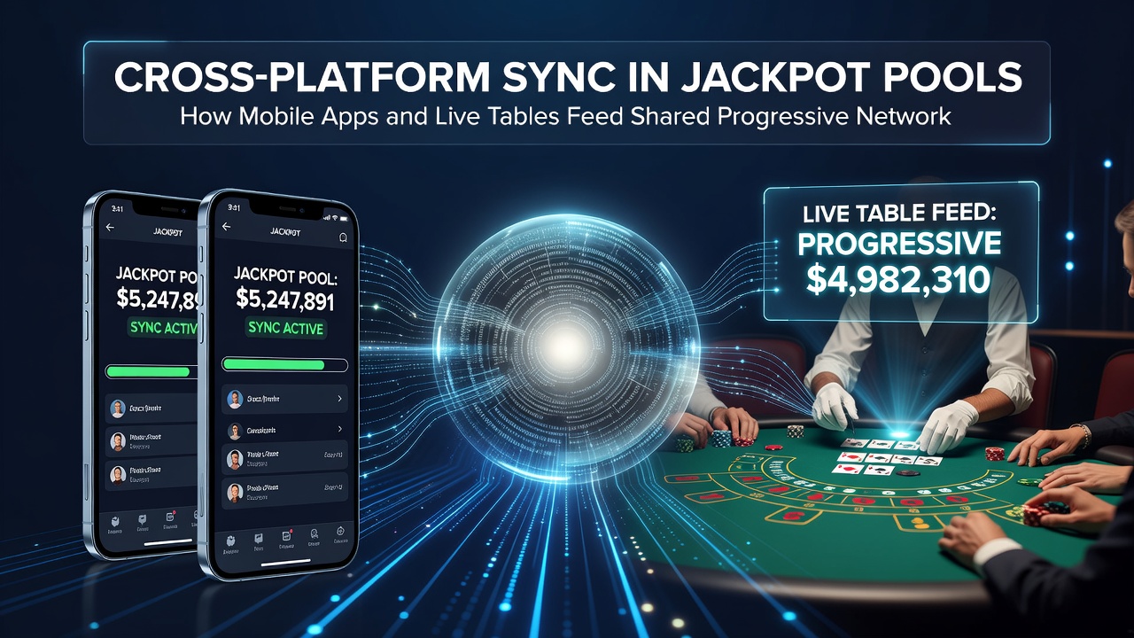 Live dealer table interface showing synchronized progressive jackpot meter alongside mobile app screenshots
