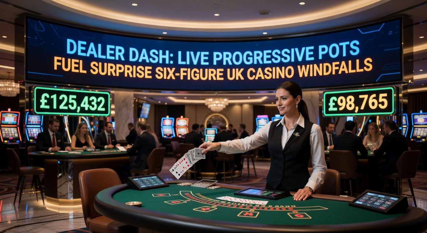 Screenshot of a Dealer Dash progressive pot hitting £200,000 with celebratory graphics and dealer reaction