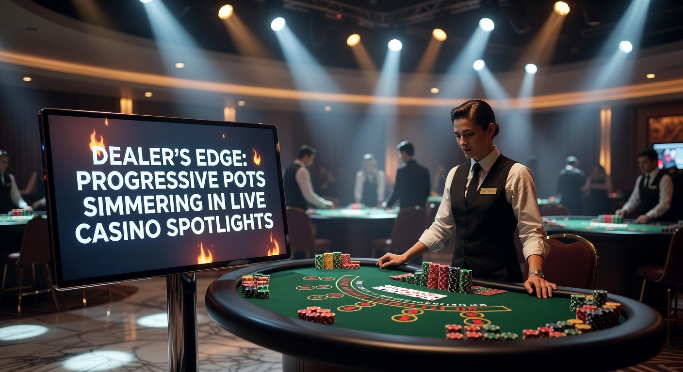 Vibrant live casino table with progressive jackpot display ticking upward, dealer in spotlight dealing cards amid excited players