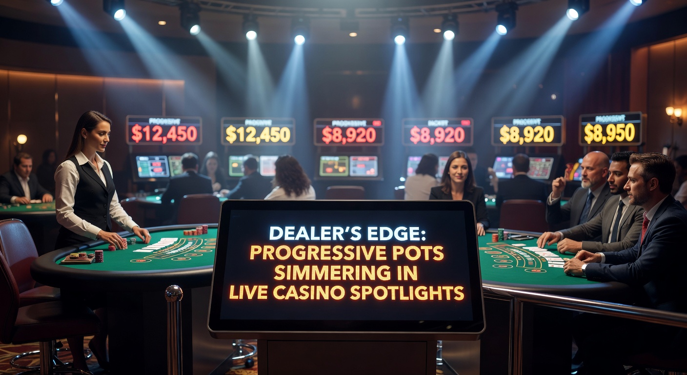 Close-up of live dealer at baccarat table with progressive jackpot meter glowing red, cards fanned out and players cheering in background