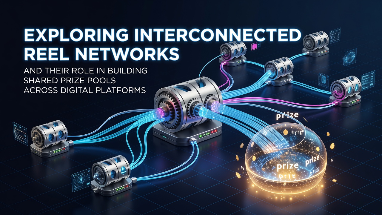 Network diagram showing multiple slot platforms linked to a central prize pool