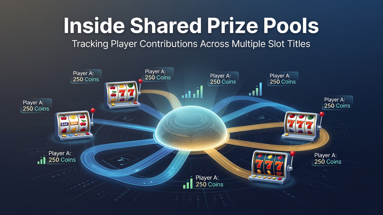 Diagram showing how player contributions flow into a shared prize pool across multiple slot titles