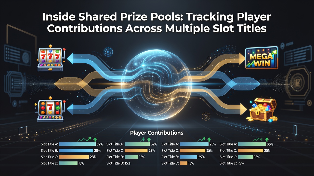 Screenshot of a casino management dashboard displaying contribution percentages from various slot titles into one shared prize pool