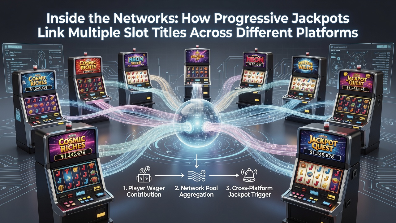 Mobile and desktop screens displaying synchronized progressive jackpot values across linked slot games
