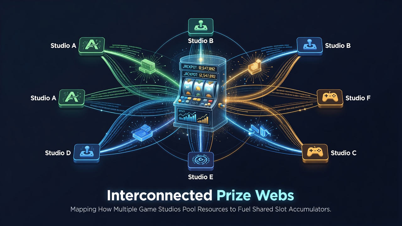 Detailed flowchart of shared slot accumulator contributions from various game studios into central prize pools