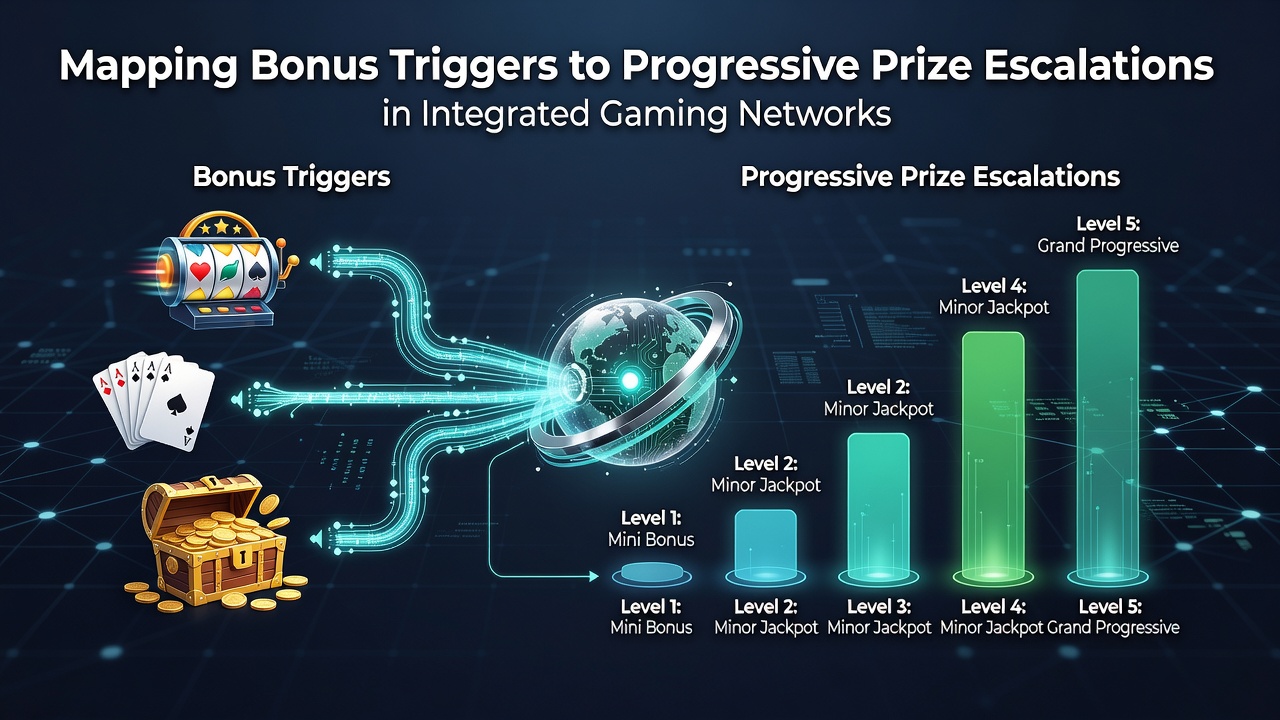 Diagram showing how bonus triggers link to progressive prize pools in gaming networks
