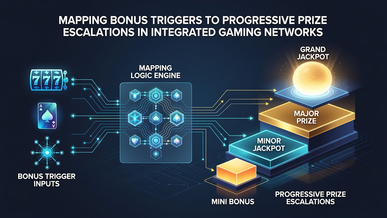 Illustration of progressive jackpot escalation paths triggered by bonus events