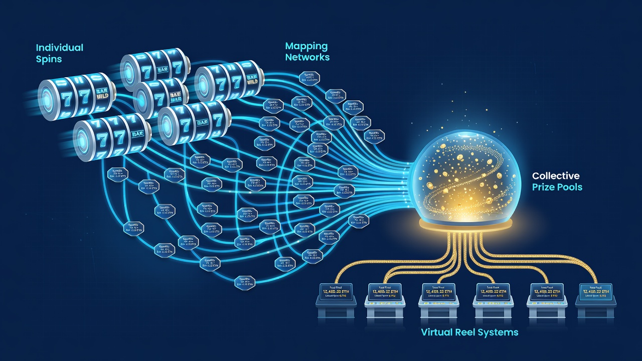 Visualization of contribution flows in virtual reel networks showing spin nodes connected to collective prize pool hubs