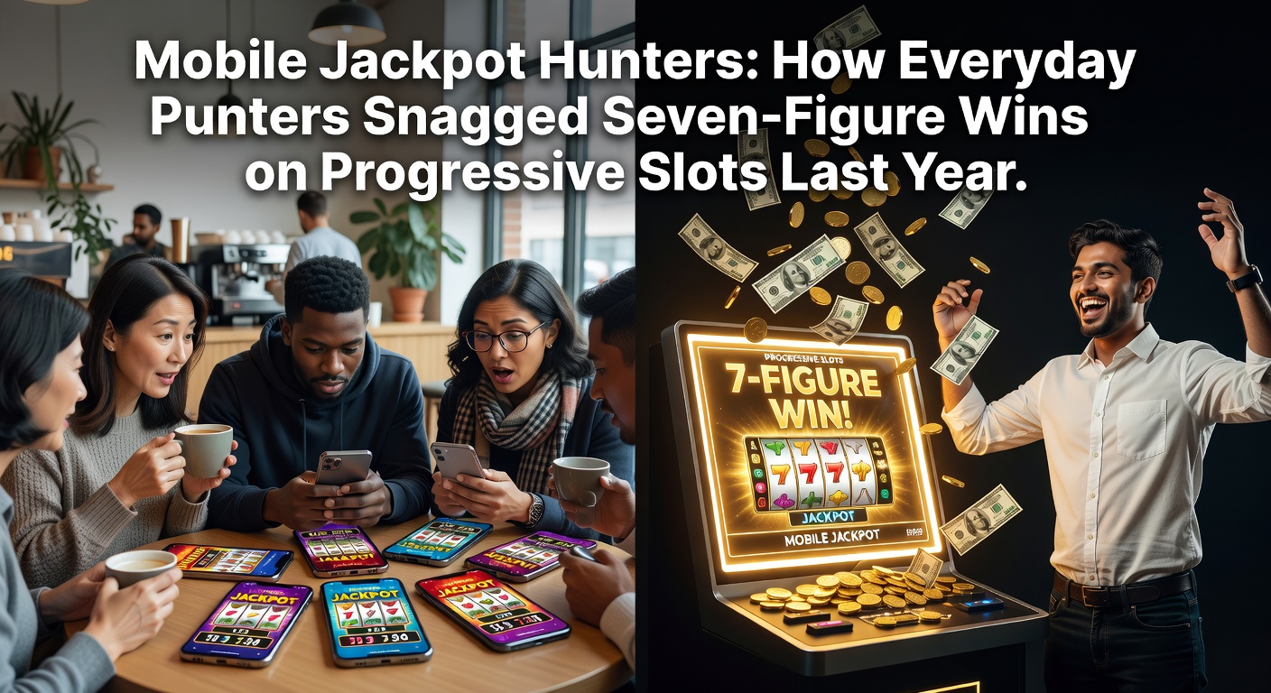 A mobile phone screen displaying a progressive slot jackpot win notification with cascading coins and excited player reaction
