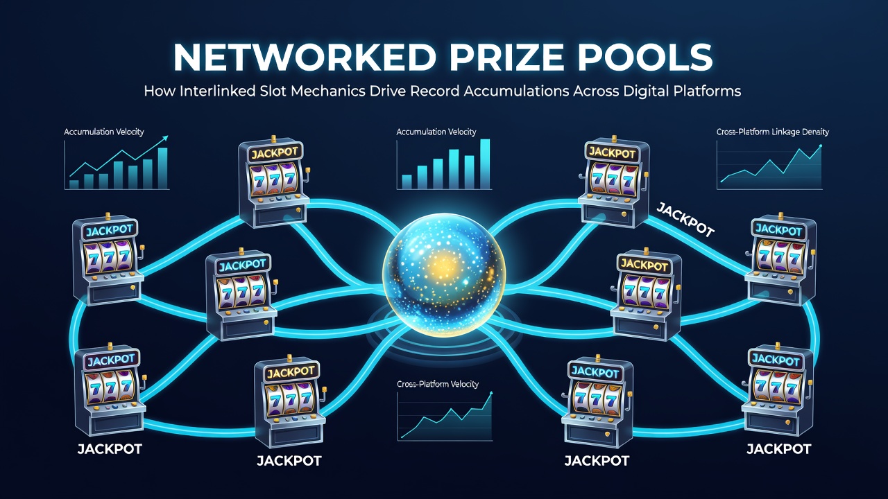 Detailed view of interlinked slot network infrastructure showing data flow between platforms and jackpot meters