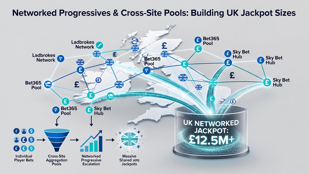 Diagram depicting cross-site player contributions flowing into a centralized progressive jackpot pool for UK online gaming