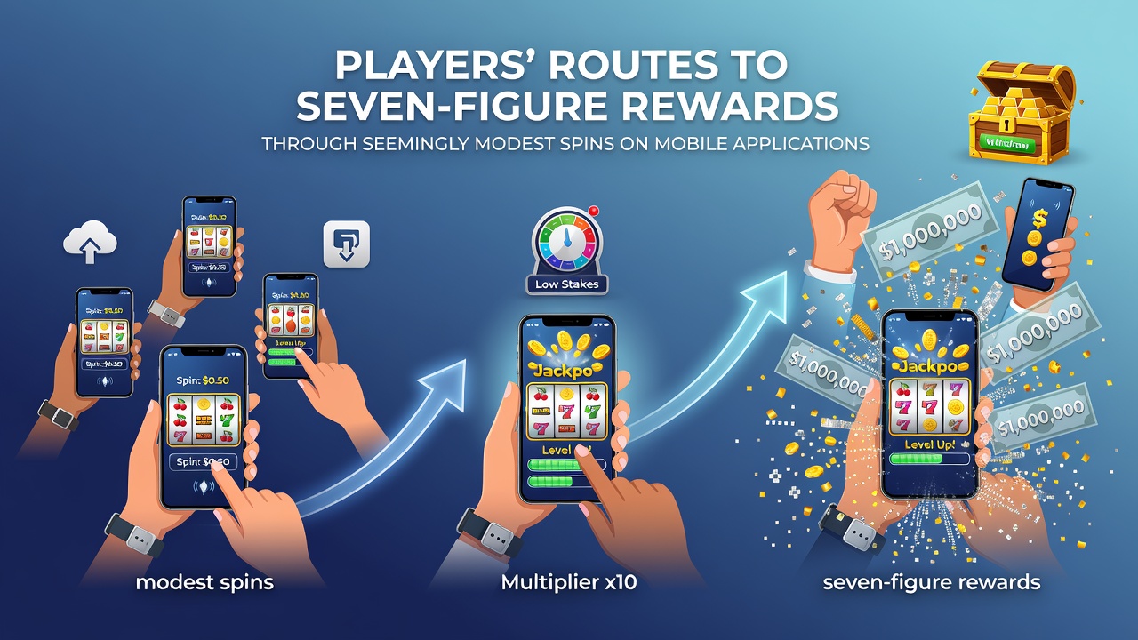Infographic showing progression from small mobile bets to seven-figure jackpot display with connected user icons