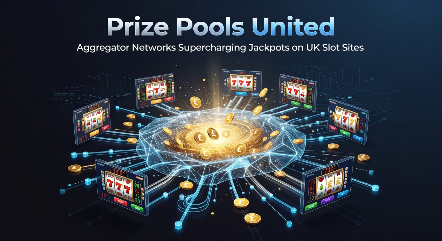 Vibrant digital graphic showing interconnected jackpot pools linking multiple UK slot sites, with glowing prize meters rising in unison