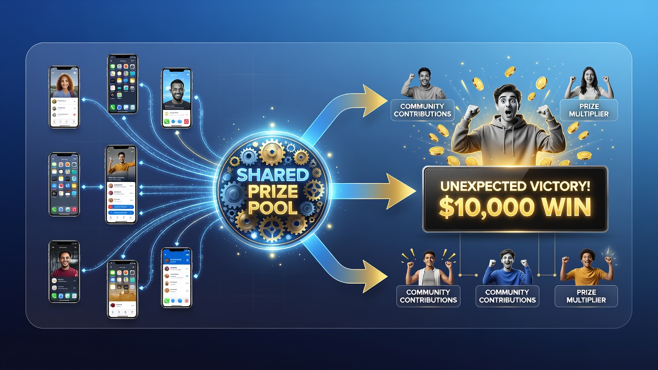 Mobile device screen displaying a sudden progressive jackpot win notification from a shared prize pool
