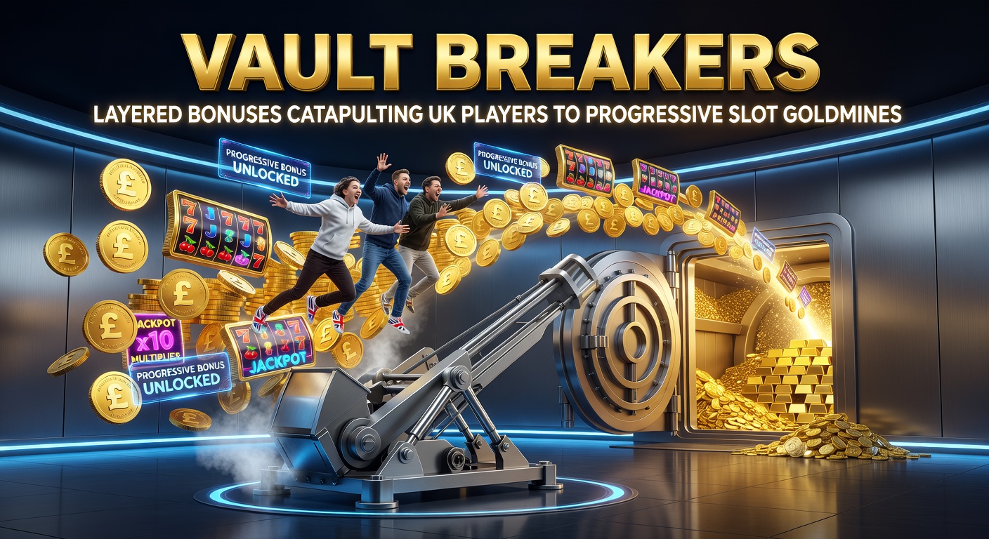 Vibrant Vault Breakers slot screen showing layered bonus vaults glowing with progressive jackpot meters climbing in the background, as UK players trigger multi-tiered rewards