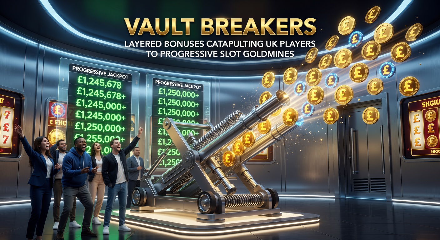UK player celebrating a massive Vault Breakers progressive win on mobile, with layered bonus screens overlaying a jackpot explosion graphic and pound symbols raining down